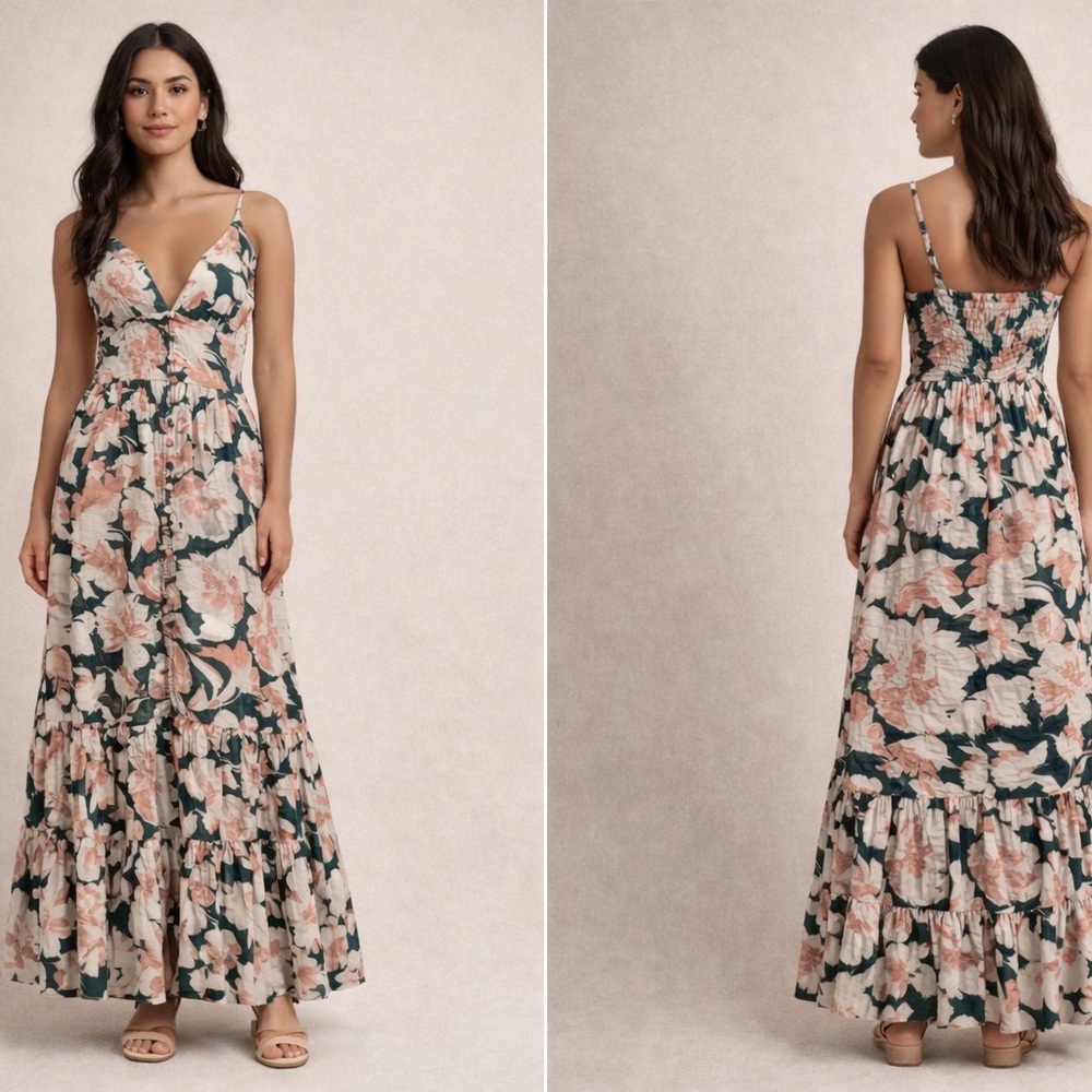 Abercrombie & Fitch Dark Green and Blush Floral Midi Dress
